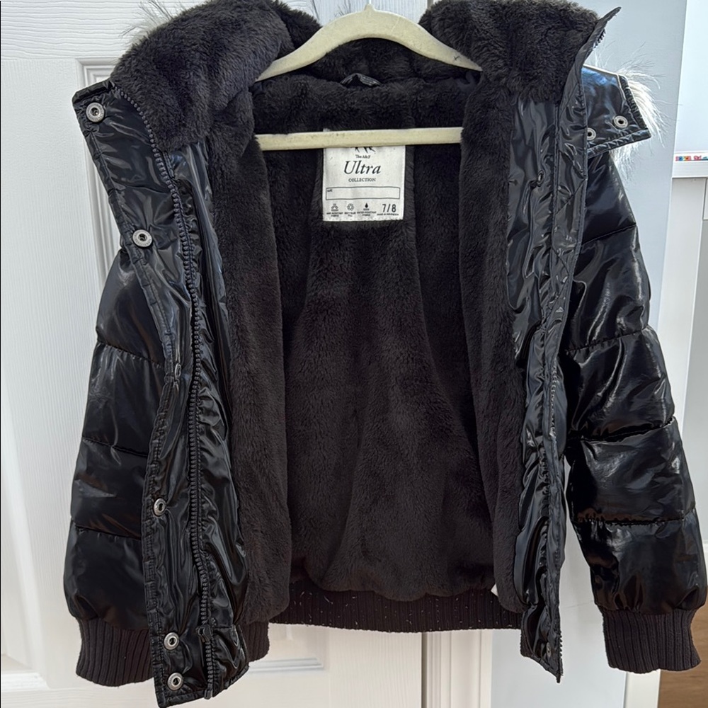 Kids Black Puffer Jacket with Faux Fur Hood - Picture 3 of 3